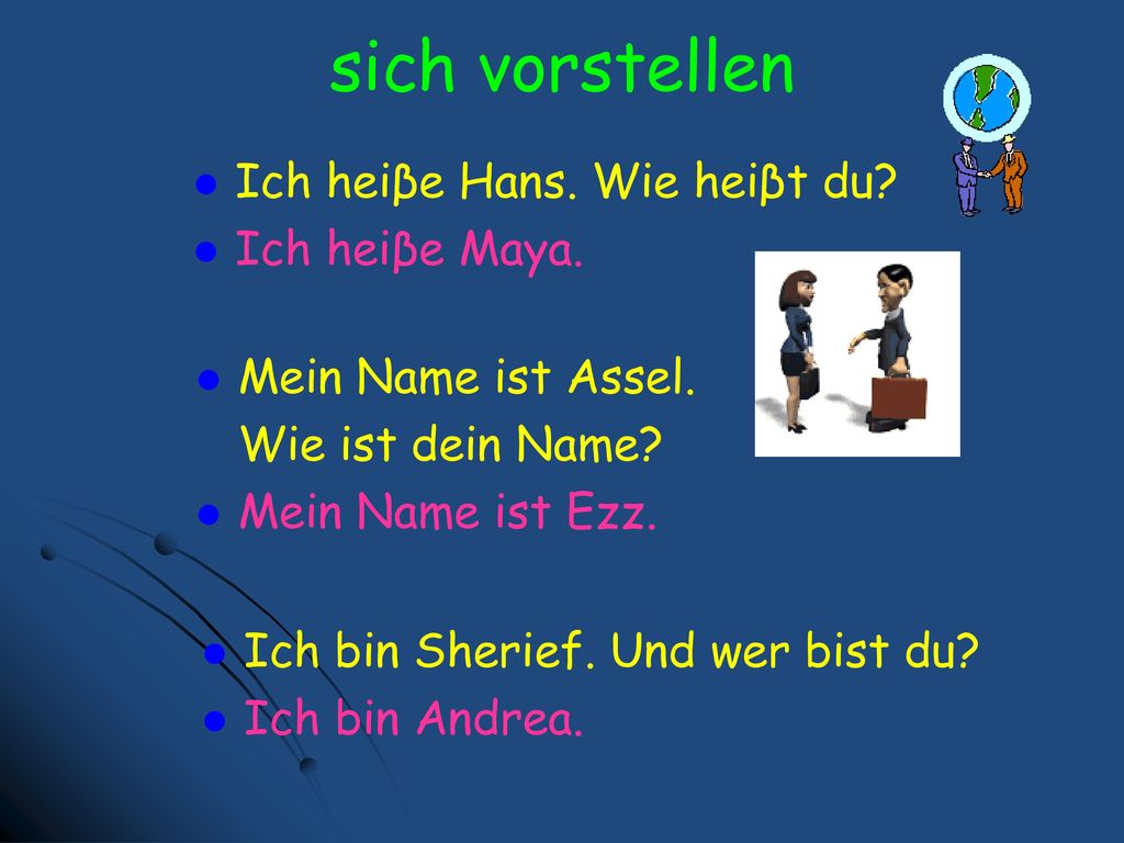 sich vorstellen Ich heiβe Hans. Wie heiβt du Ich heiβe Maya.