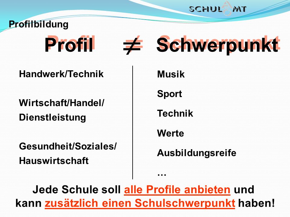  Profil Schwerpunkt Jede Schule soll alle Profile anbieten und