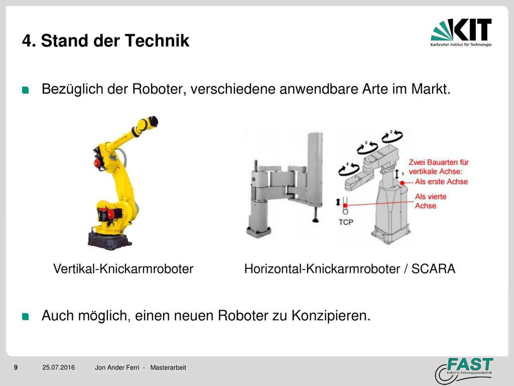 4. Stand der Technik Bezüglich der Roboter, verschiedene anwendbare Arte im Markt. Auch möglich, einen neuen Roboter zu Konzipieren.