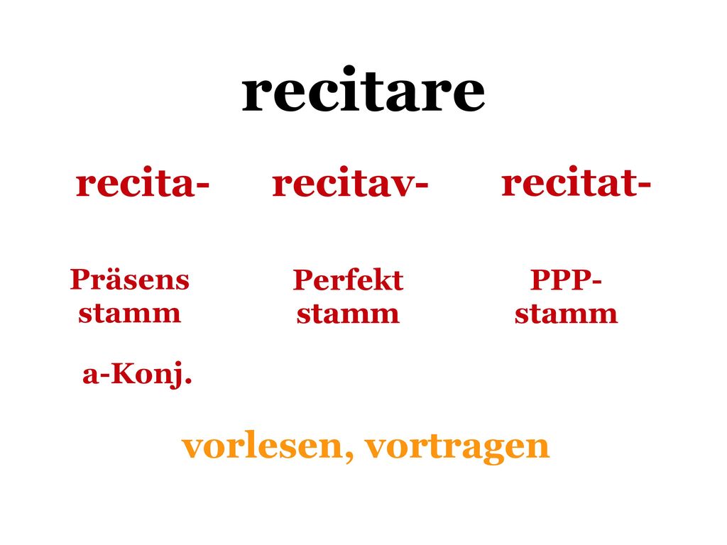 recitare recita- recitav- recitat- vorlesen, vortragen Präsens stamm