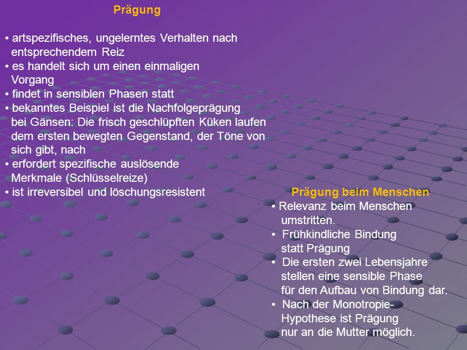Prägung • artspezifisches, ungelerntes Verhalten nach. entsprechendem Reiz. • es handelt sich um einen einmaligen.