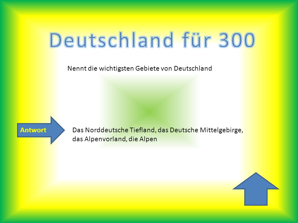 Deutschland für 300 Nennt die wichtigsten Gebiete von Deutschland