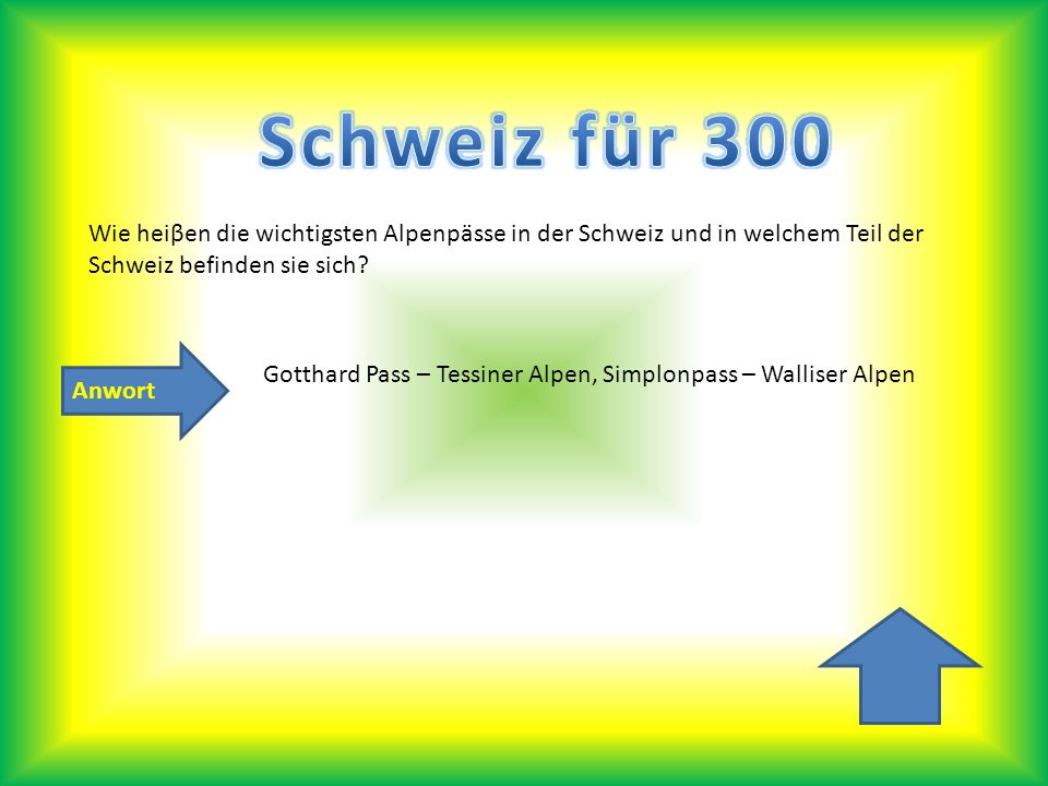 Schweiz für 300 Wie heiβen die wichtigsten Alpenpässe in der Schweiz und in welchem Teil der Schweiz befinden sie sich