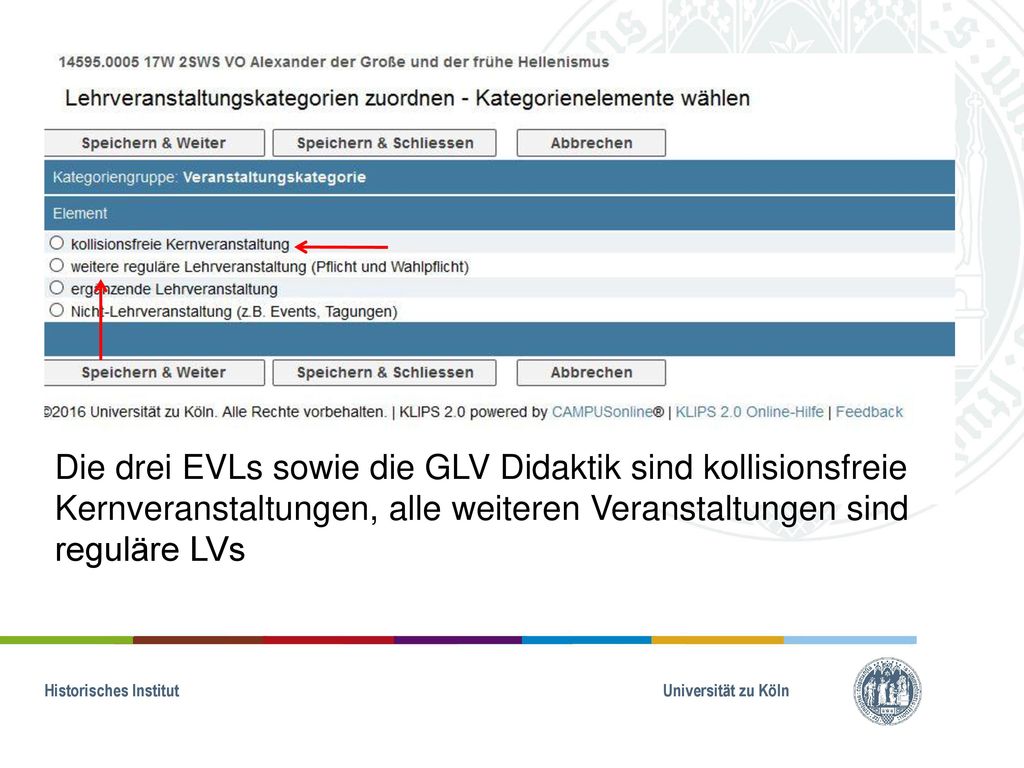 Die drei EVLs sowie die GLV Didaktik sind kollisionsfreie Kernveranstaltungen, alle weiteren Veranstaltungen sind reguläre LVs