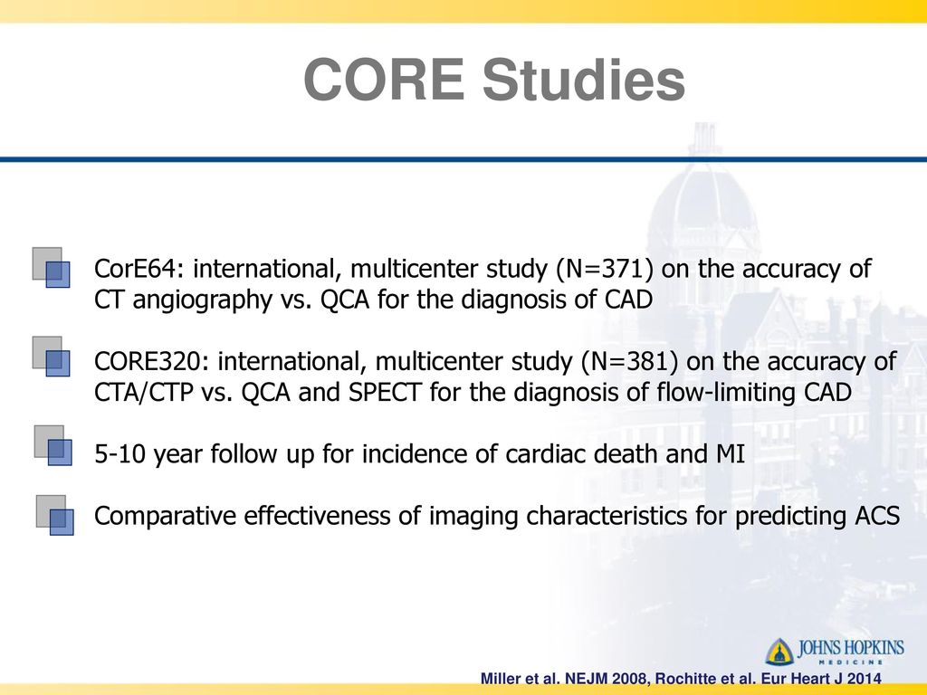 CORE Studies CorE64: international, multicenter study (N=371) on the accuracy of CT angiography vs. QCA for the diagnosis of CAD.