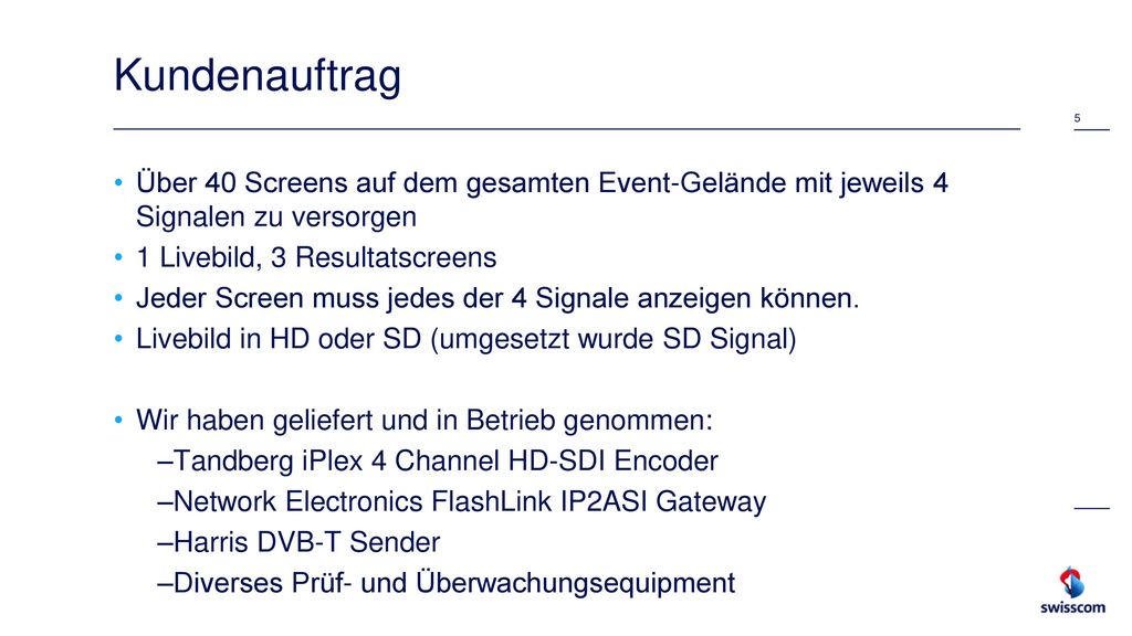 Kundenauftrag Über 40 Screens auf dem gesamten Event-Gelände mit jeweils 4 Signalen zu versorgen. 1 Livebild, 3 Resultatscreens.