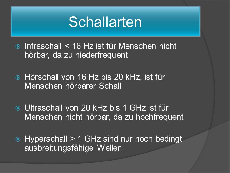 Schallarten Infraschall < 16 Hz ist für Menschen nicht hörbar, da zu niederfrequent.