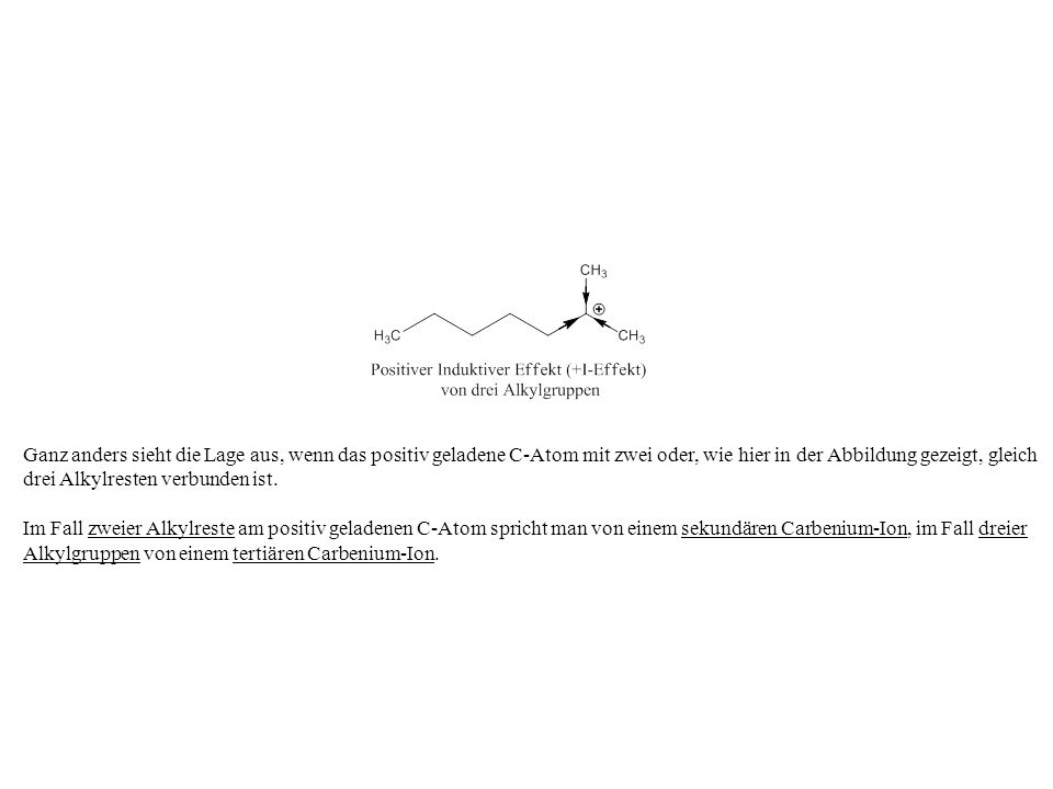 Ganz anders sieht die Lage aus, wenn das positiv geladene C-Atom mit zwei oder, wie hier in der Abbildung gezeigt, gleich drei Alkylresten verbunden ist.