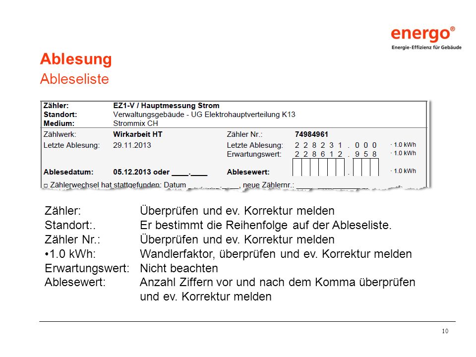 Ablesung Ableseliste Zähler: Überprüfen und ev. Korrektur melden