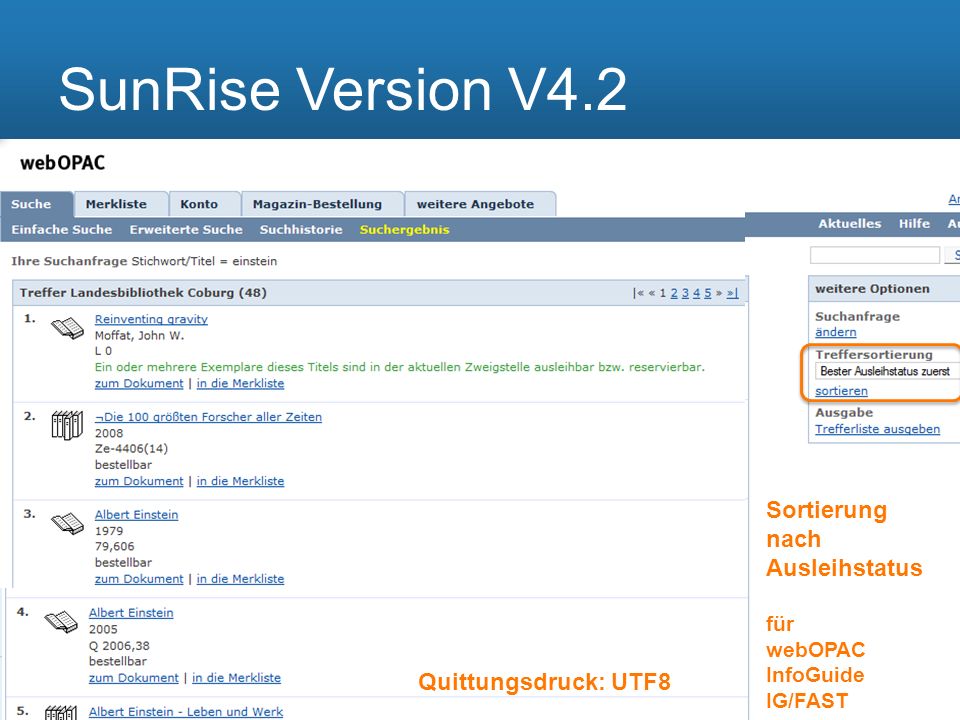 SunRise Version V4.2 Sortierung nach Ausleihstatus für