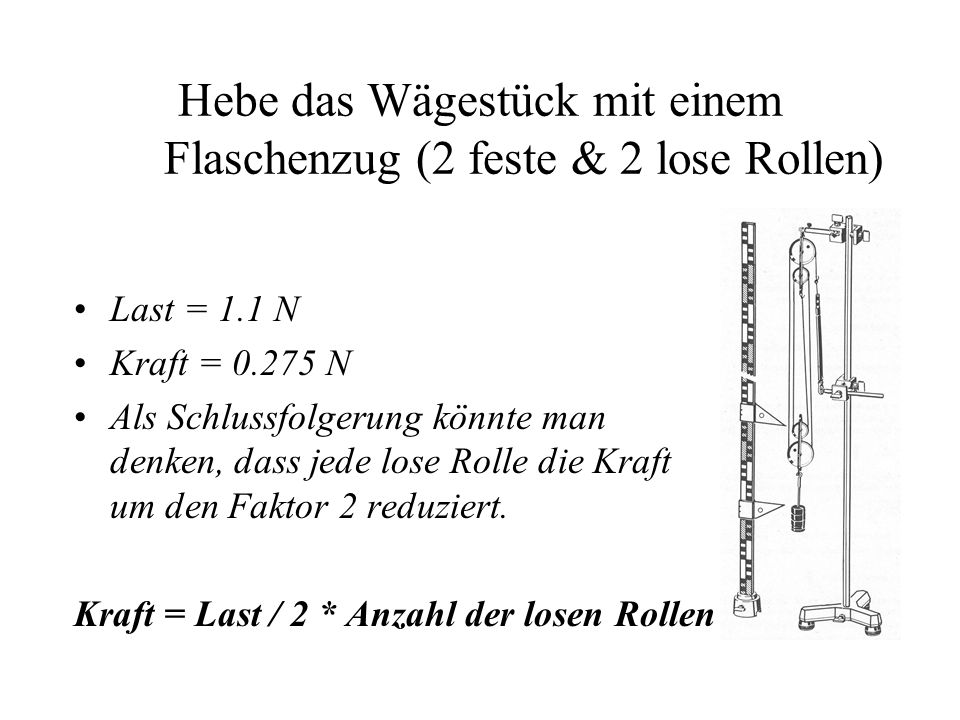 Hebe das Wägestück mit einem Flaschenzug (2 feste & 2 lose Rollen)
