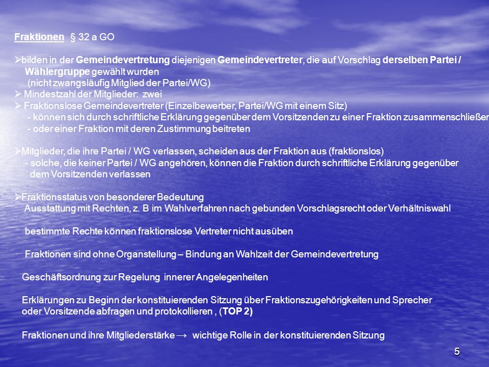Fraktionen § 32 a GO bilden in der Gemeindevertretung diejenigen Gemeindevertreter, die auf Vorschlag derselben Partei /