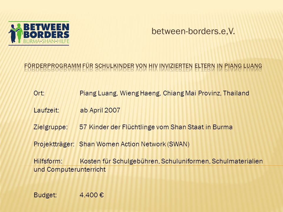 between-borders.e,V. Förderprogramm für Schulkinder von HIV invizierten Eltern in Piang Luang.