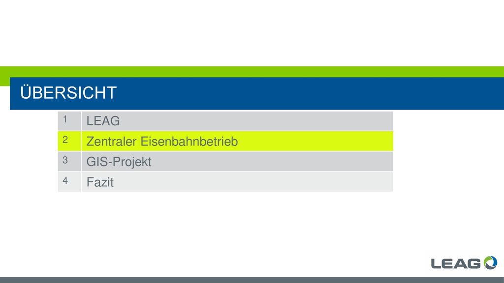 Übersicht 1 LEAG 2 Zentraler Eisenbahnbetrieb 3 GIS-Projekt 4 Fazit