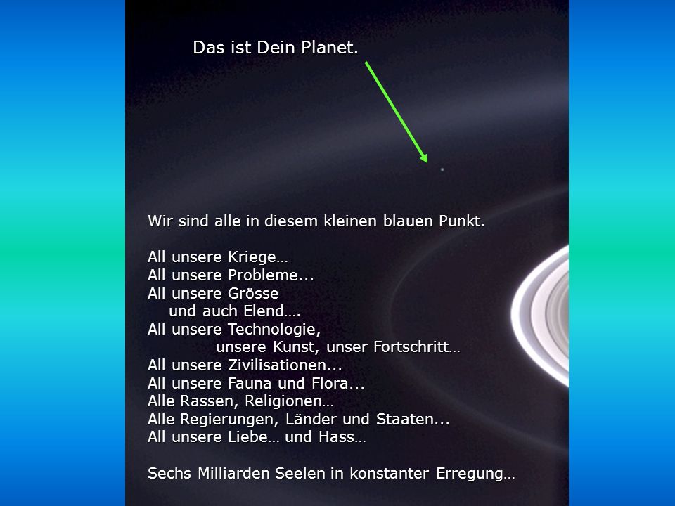 Das ist Dein Planet. Wir sind alle in diesem kleinen blauen Punkt.