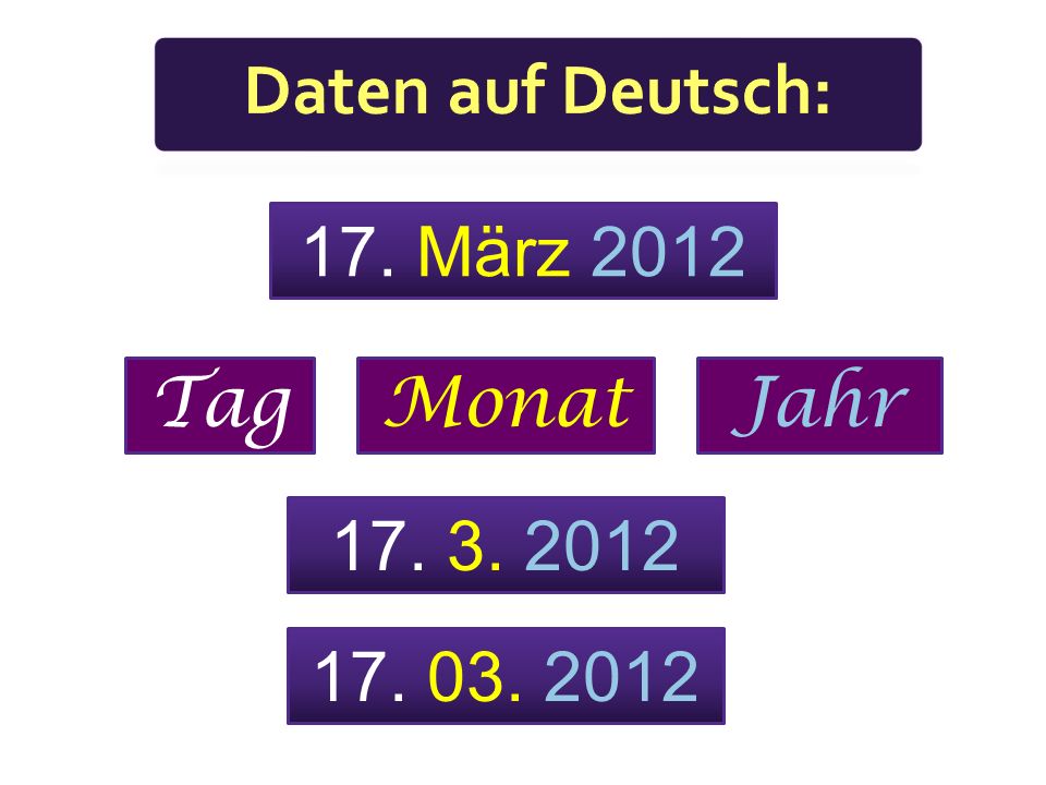 Daten auf Deutsch: 17. März 2012 Tag Monat Jahr