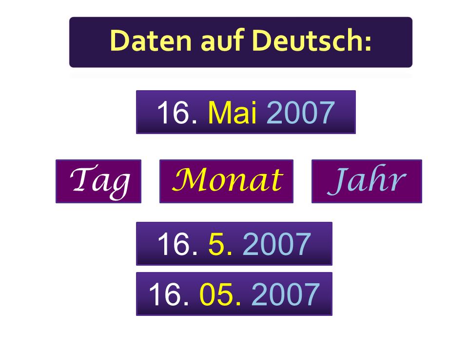 Daten auf Deutsch: 16. Mai 2007 Tag Monat Jahr