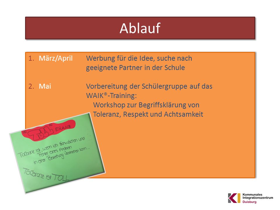 Ablauf März/April Werbung für die Idee, suche nach geeignete Partner in der Schule.