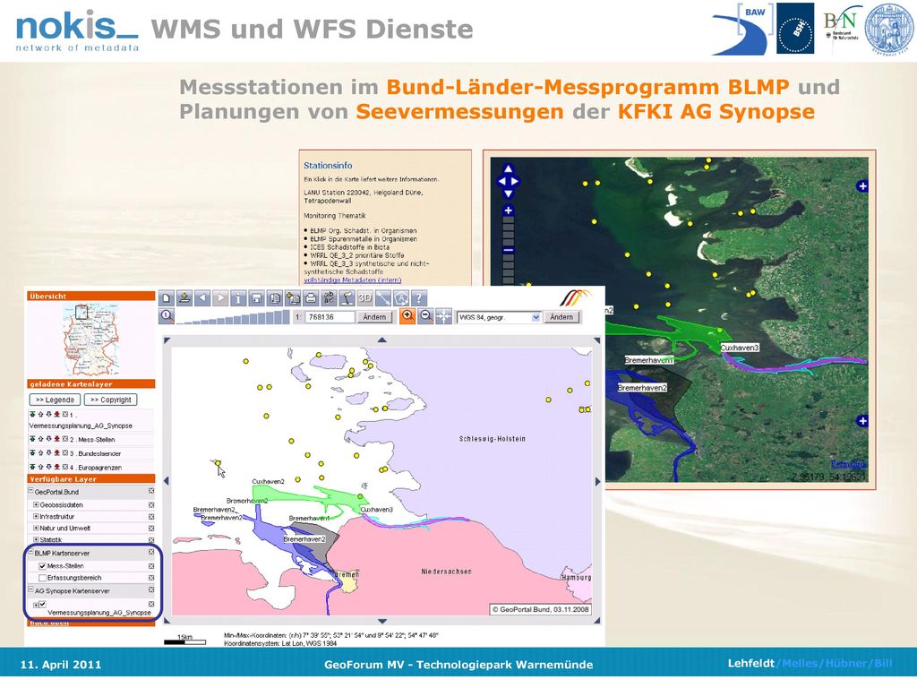 WMS und WFS Dienste Messstationen im Bund-Länder-Messprogramm BLMP und Planungen von Seevermessungen der KFKI AG Synopse.