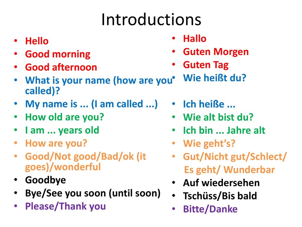 Introductions Hallo Hello Guten Morgen Good morning Guten Tag