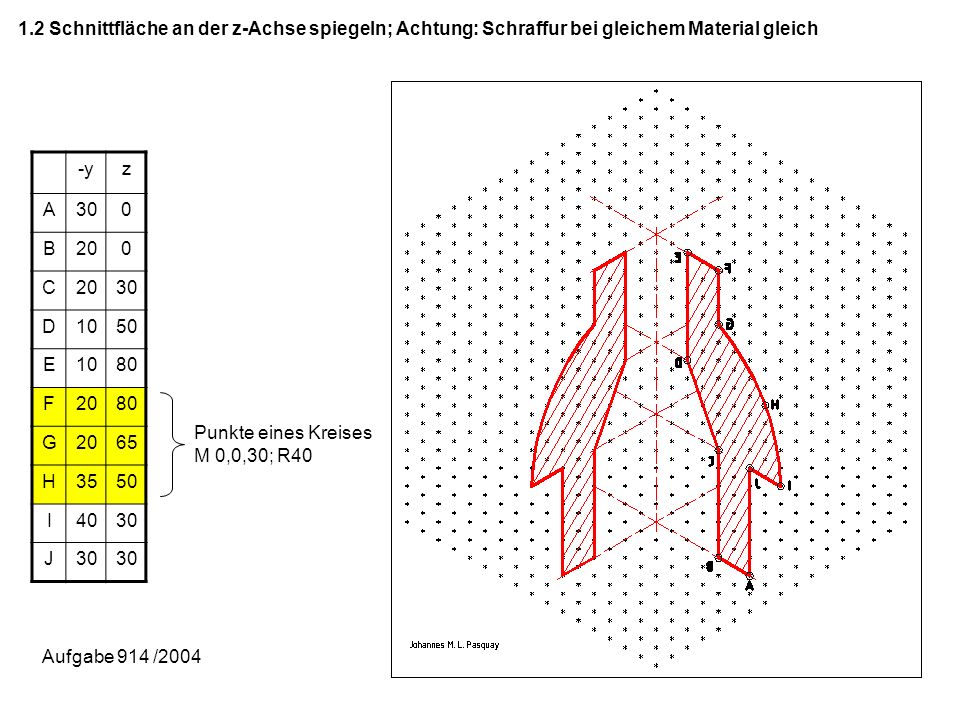 1.2 Schnittfläche an der z-Achse spiegeln; Achtung: Schraffur bei gleichem Material gleich