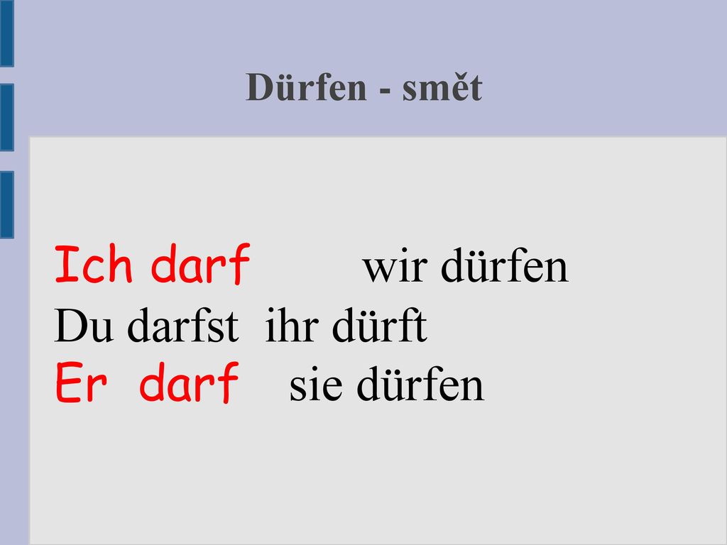 Ich darf wir dürfen Du darfst ihr dürft Er darf sie dürfen