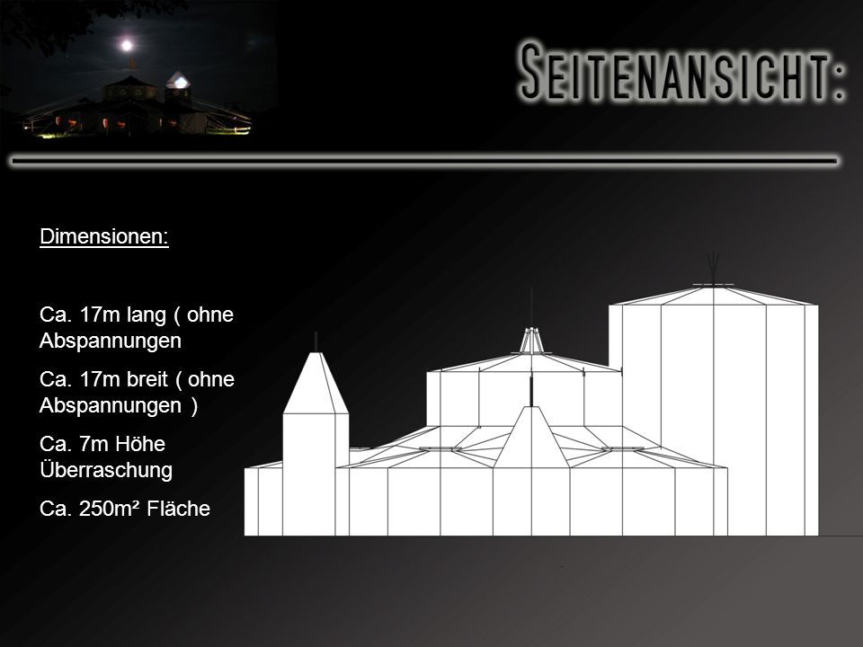 Dimensionen: Ca. 17m lang ( ohne Abspannungen. Ca. 17m breit ( ohne Abspannungen ) Ca. 7m Höhe Überraschung.