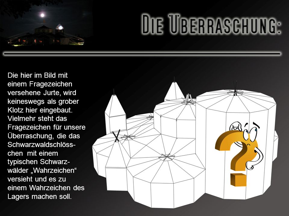 Die hier im Bild mit einem Fragezeichen versehene Jurte, wird keineswegs als grober Klotz hier eingebaut.
