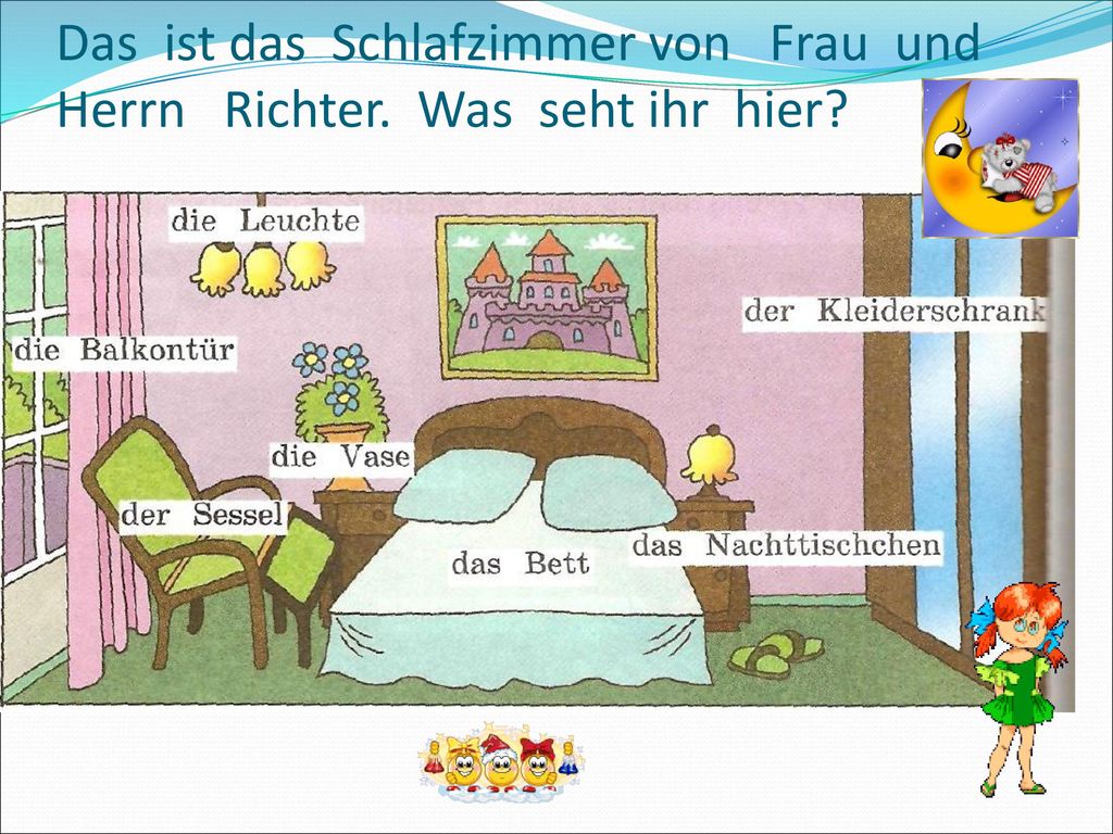 Das ist das Schlafzimmer von Frau und Herrn Richter. Was seht ihr hier