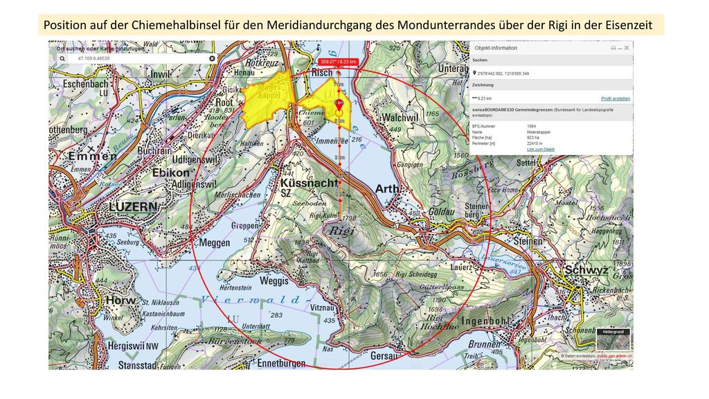 Position auf der Chiemehalbinsel für den Meridiandurchgang des Mondunterrandes über der Rigi in der Eisenzeit