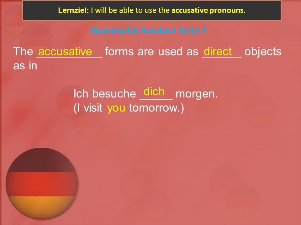 Lernziel: I will be able to use the accusative pronouns.