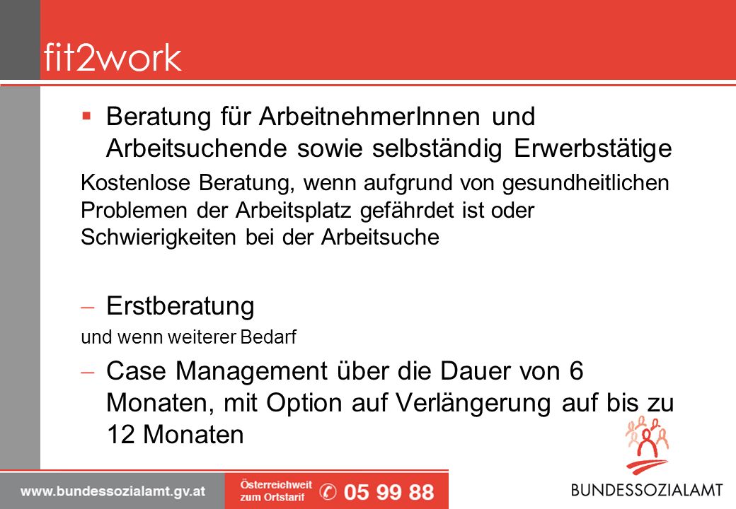 fit2work Beratung für ArbeitnehmerInnen und Arbeitsuchende sowie selbständig Erwerbstätige.