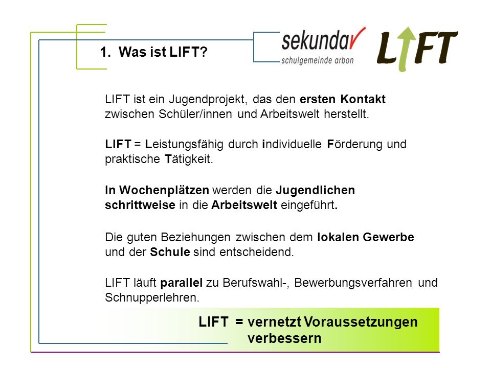 LIFT = vernetzt Voraussetzungen verbessern