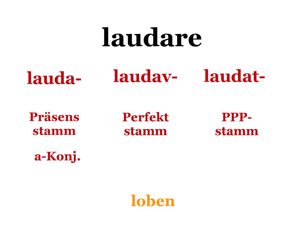 laudare laudav- laudat- lauda- loben Präsens stamm Perfekt stamm PPP-