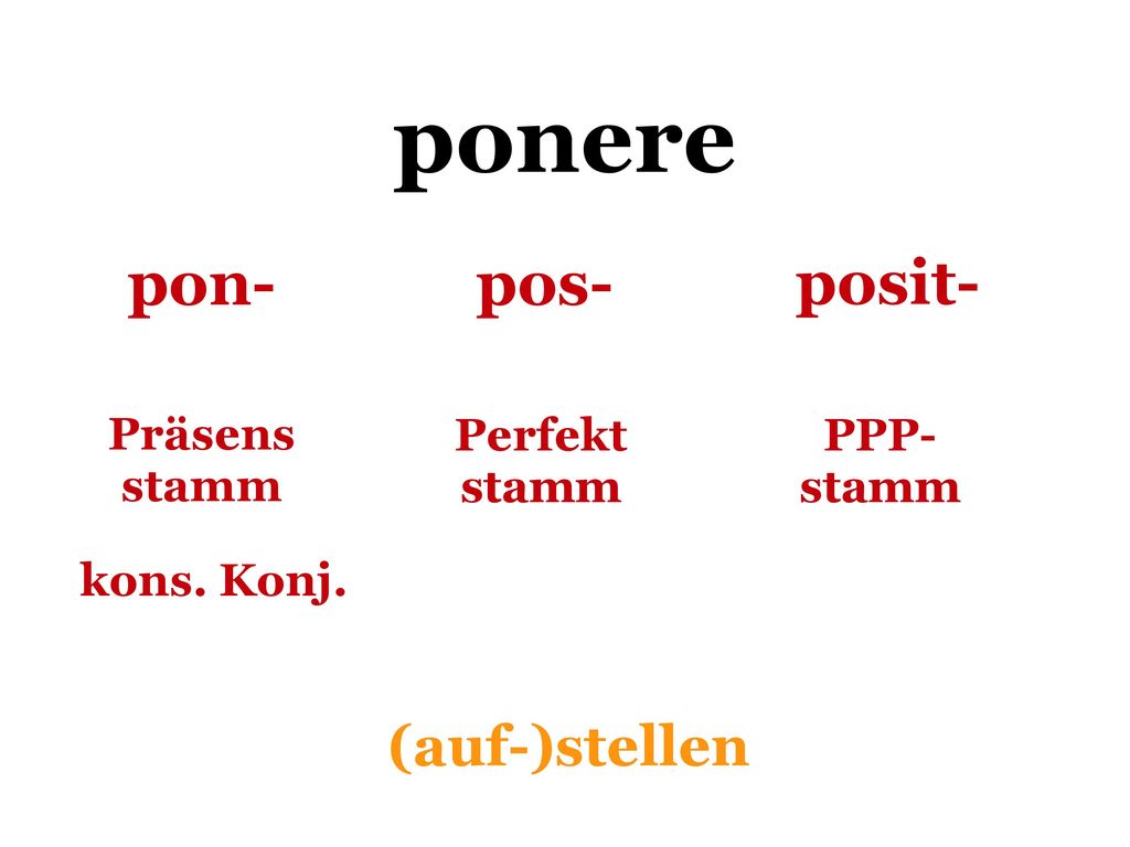 ponere pon- pos- posit- (auf-)stellen Präsens stamm Perfekt stamm PPP-