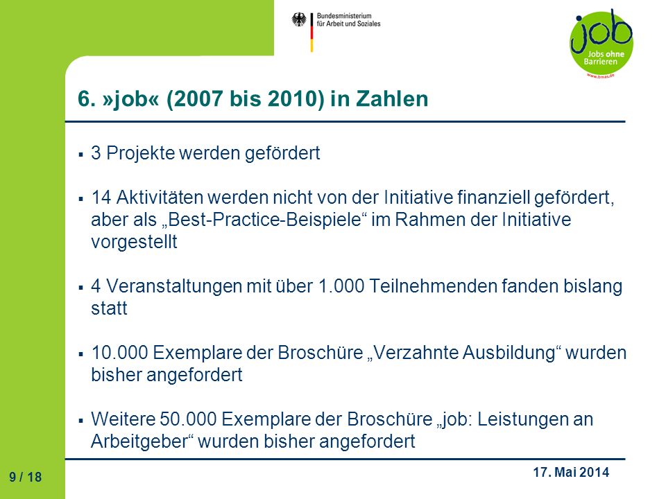6. »job« (2007 bis 2010) in Zahlen 3 Projekte werden gefördert