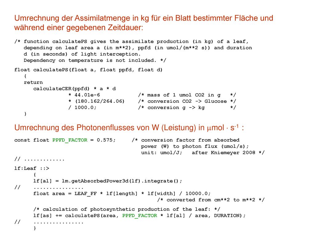 Umrechnung des Photonenflusses von W (Leistung) in mol  s-1 :