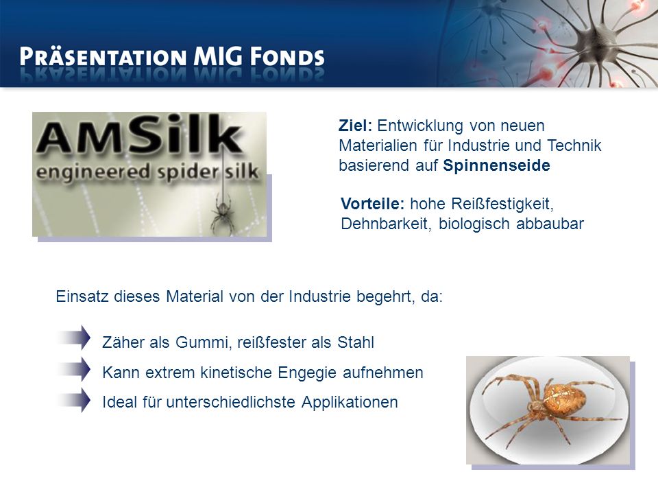 Ziel: Entwicklung von neuen Materialien für Industrie und Technik basierend auf Spinnenseide