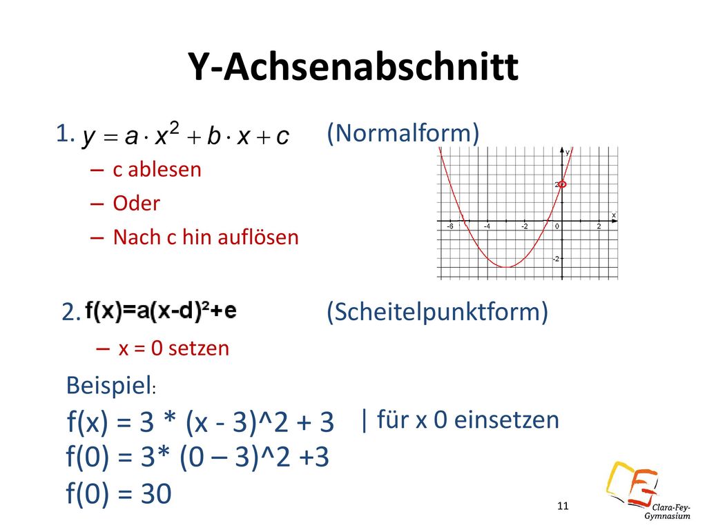 Y-Achsenabschnitt f(x) = 3 * (x - 3)^2 + 3 f(0) = 3* (0 – 3)^2 +3