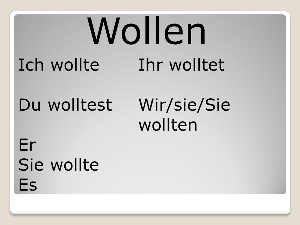 Wollen Ich wollte Du wolltest Er Sie wollte Es Ihr wolltet
