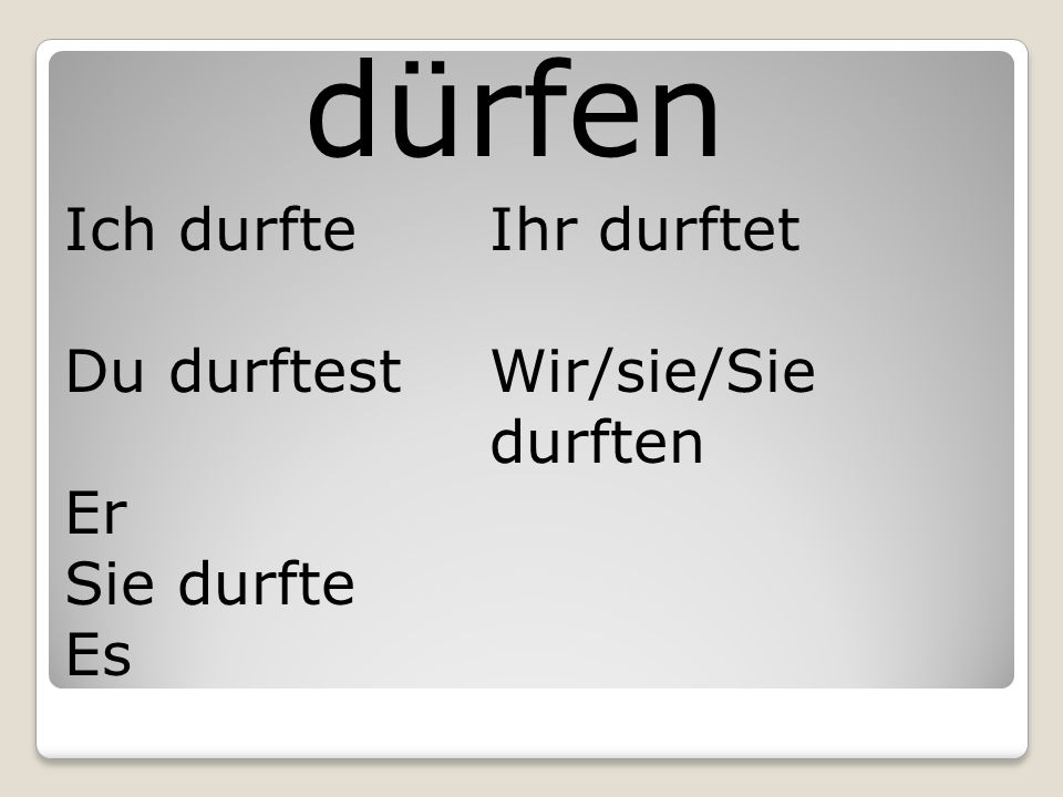 dürfen Ich durfte Du durftest Er Sie durfte Es Ihr durftet