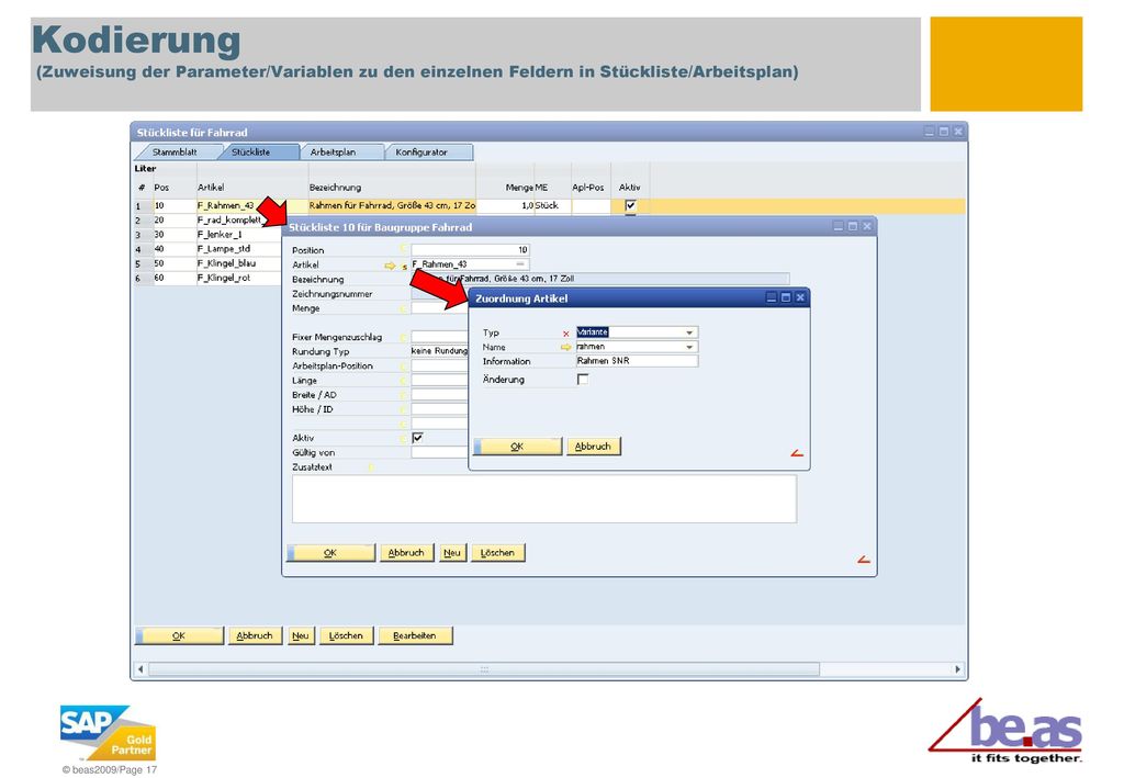 Kodierung (Zuweisung der Parameter/Variablen zu den einzelnen Feldern in Stückliste/Arbeitsplan)