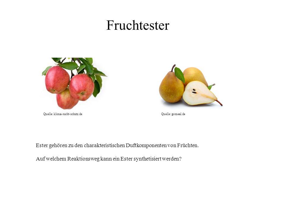 Fruchtester Quelle: klima-sucht-schutz.de. Quelle: gomeal.de. Ester gehören zu den charakteristischen Duftkomponenten von Früchten.