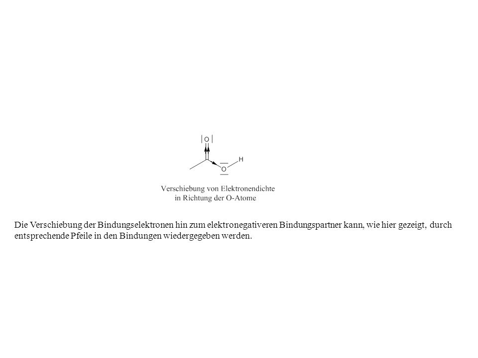 Die Verschiebung der Bindungselektronen hin zum elektronegativeren Bindungspartner kann, wie hier gezeigt, durch entsprechende Pfeile in den Bindungen wiedergegeben werden.