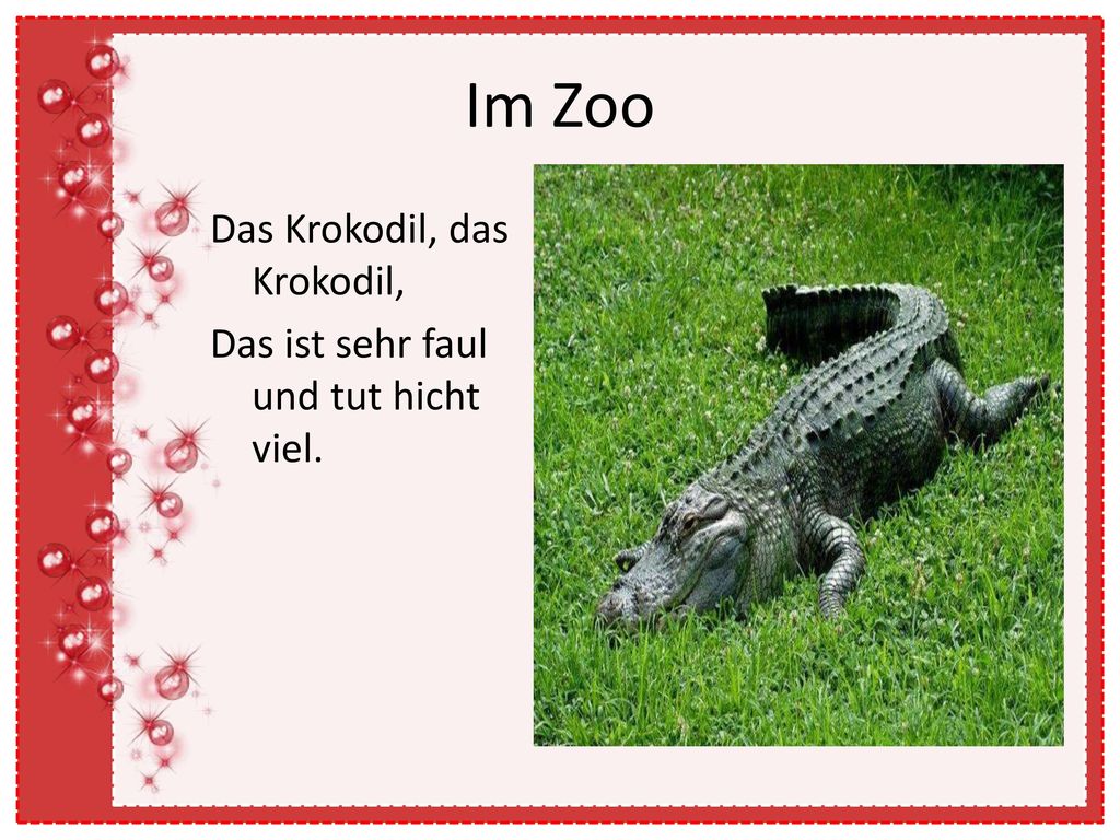 Im Zoo Das Krokodil, das Krokodil, Das ist sehr faul und tut hicht viel.