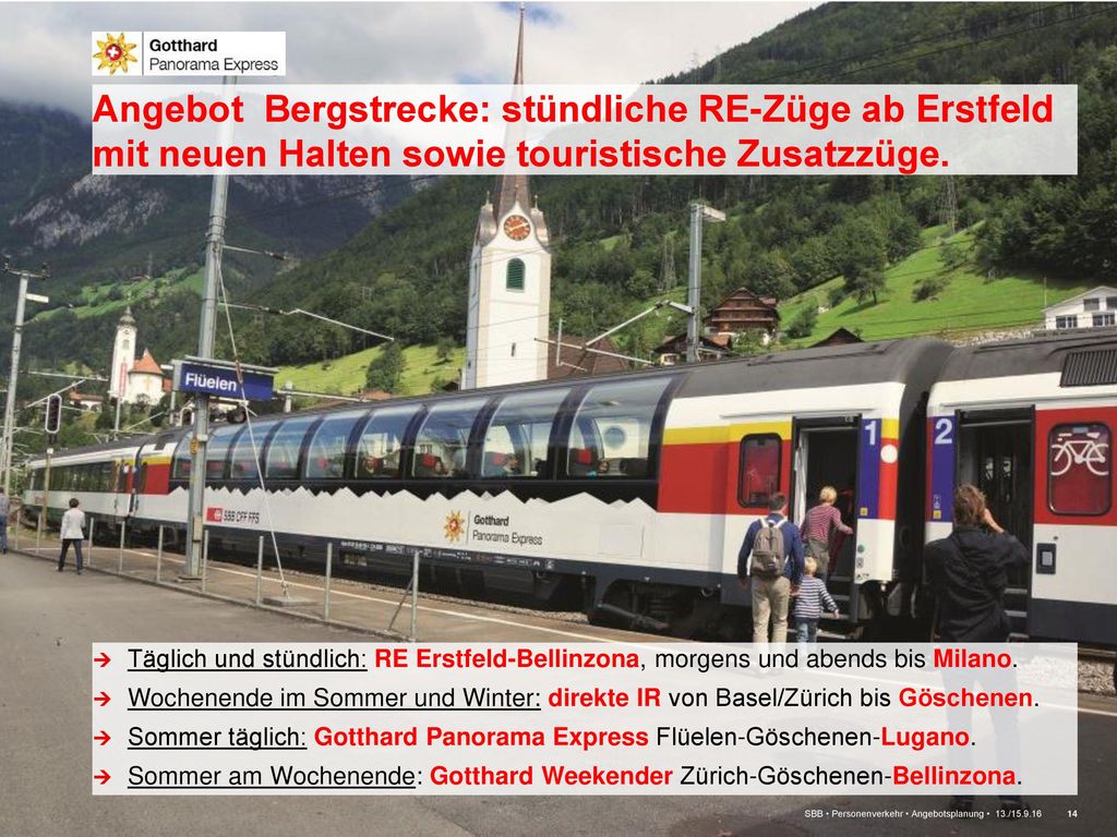 Angebot Bergstrecke: stündliche RE-Züge ab Erstfeld mit neuen Halten sowie touristische Zusatzzüge.