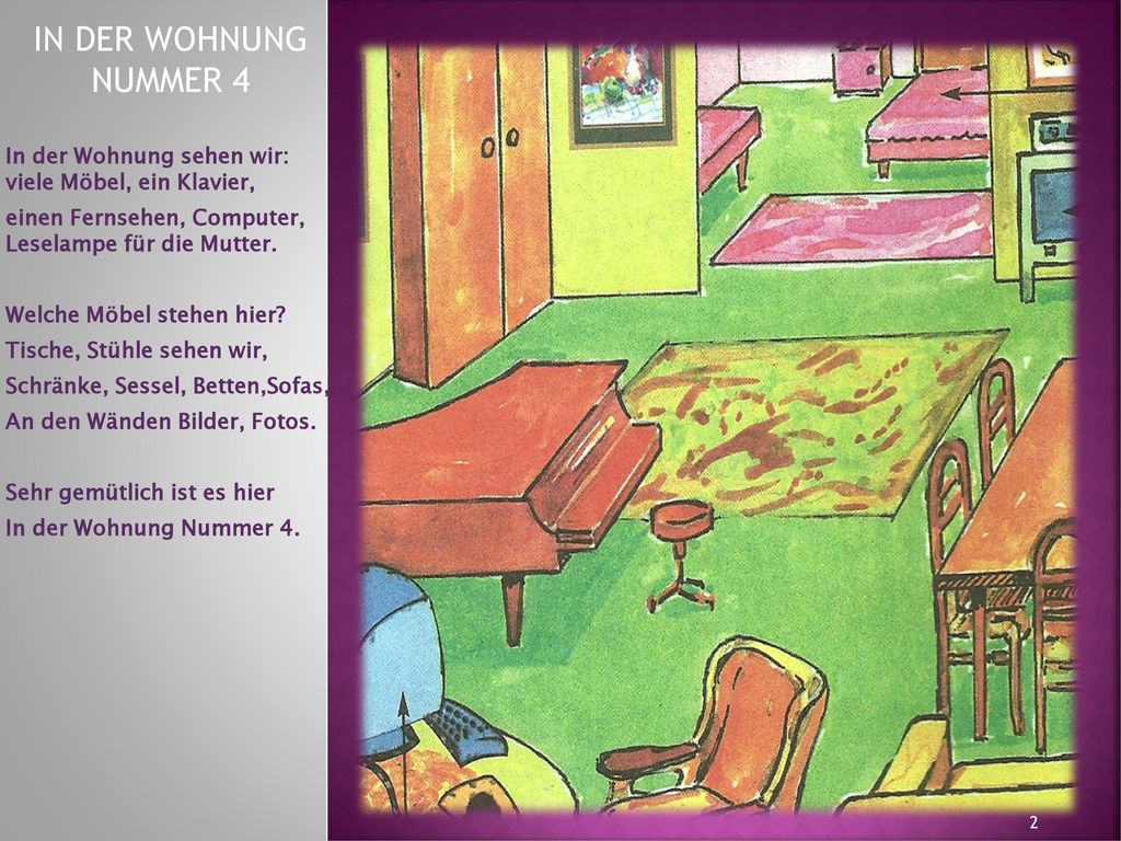 IN DER WOHNUNG NUMMER 4 In der Wohnung sehen wir: viele Möbel, ein Klavier, einen Fernsehen, Computer, Leselampe für die Mutter.