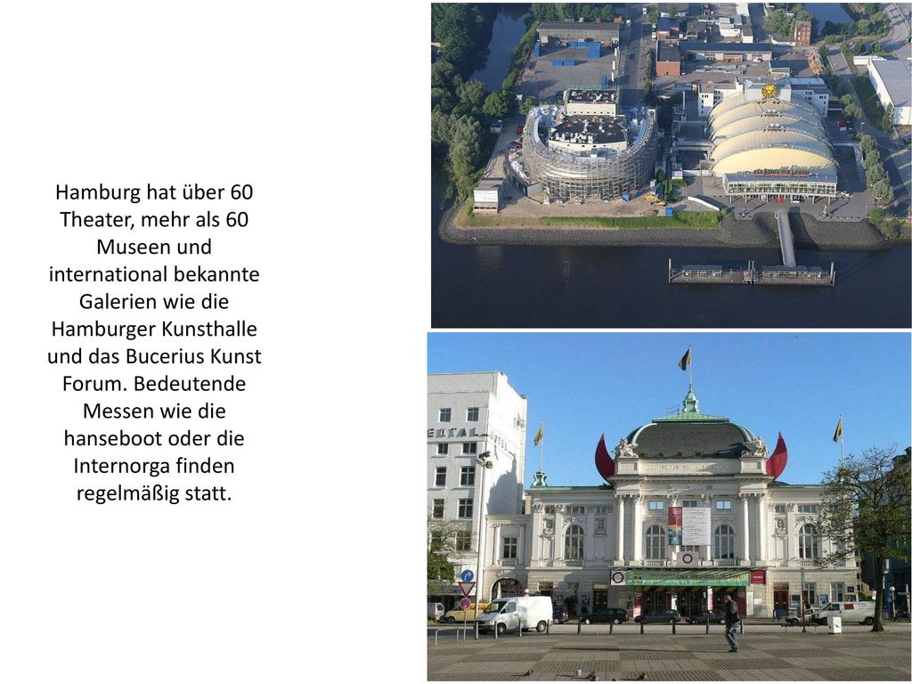 Hamburg hat über 60 Theater, mehr als 60 Museen und international bekannte Galerien wie die Hamburger Kunsthalle und das Bucerius Kunst Forum.