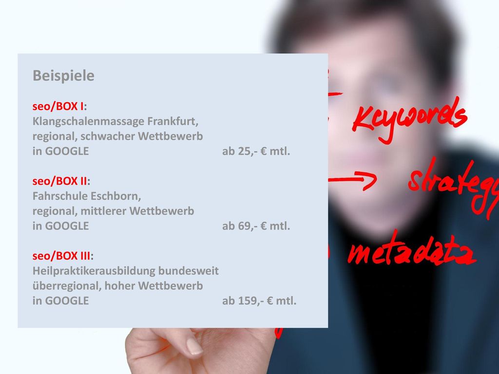 Beispiele seo/BOX I: Klangschalenmassage Frankfurt, regional, schwacher Wettbewerb in GOOGLE ab 25,- € mtl.