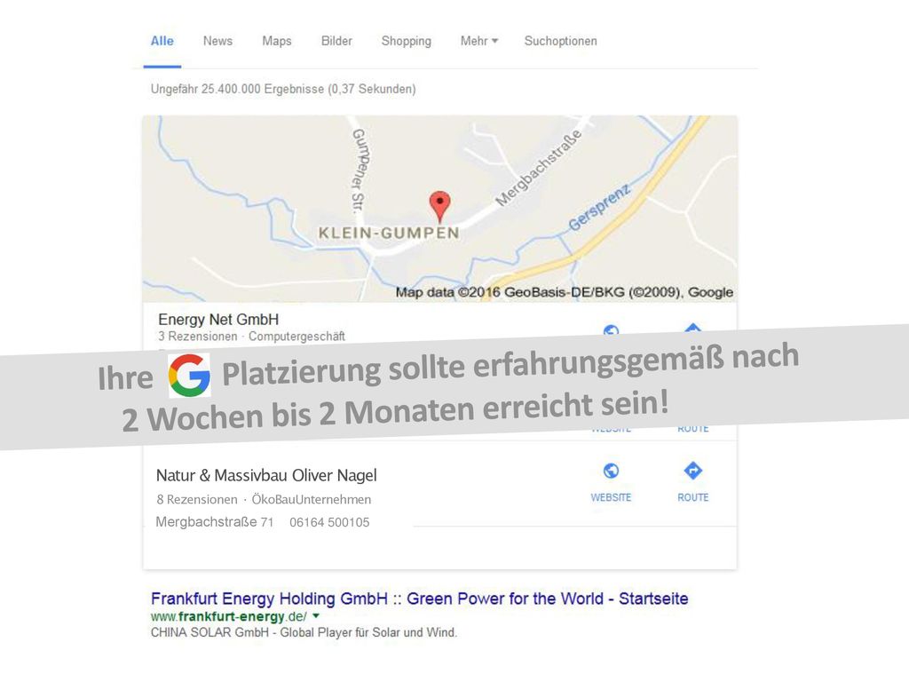 Ihre Platzierung sollte erfahrungsgemäß nach 2 Wochen bis 2 Monaten erreicht sein!